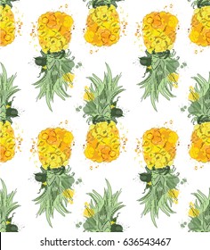 Pineapple watercolor seamless pattern. Exotic background.