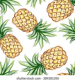 Pineapple Watercolor Seamless Pattern. Juicy Fruits Exotic Tropical Plant Background