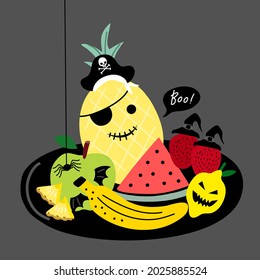 Pineapple, watermelon, apple, banana , lemon and strawberries hand drawn illustration with boo typography design in Halloween concept with pirate hat , spider, bat wings and witch hats 