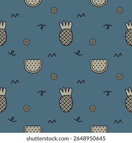 Pineapple watermelon cartoon so cute. On flower blue background. Pattern seamless vector illustration. 