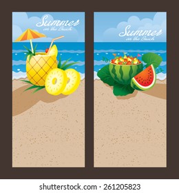 Pineapple Watermelon Fruit and Cocktail on the Beach Backdrop