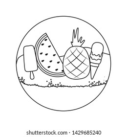 pineapple with watermelon and ice creams in beach