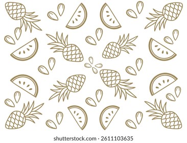 Pineapple and Watermelon Line Art Seamless Pattern on White Background