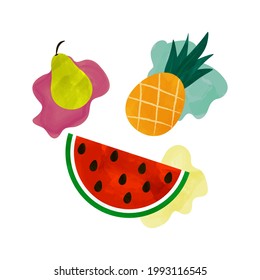 Pineapple watermelon and pear. Fresh fruits watercolor illustration.