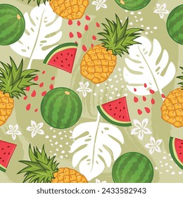 Pineapple and watermelon seamless pattern design. Fruits on the green background with tropical leaves and flowers.