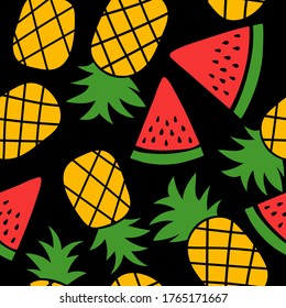 Pineapple and watermelon seamless pattern. Hand drawn vector sketch background. Color doodle wallpaper. Exotic tropical fruit. Fashion design. Food print for kitchen tablecloth