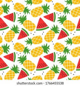 Pineapple and watermelon seamless pattern. Hand drawn vector sketch background. Color doodle wallpaper. Exotic tropical fruit. Fashion design. Food print for kitchen tablecloth