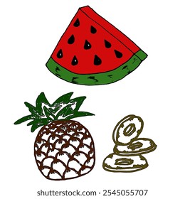 
pineapple and watermelon slice, black outline on a white background, vector