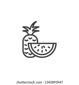 Pineapple and watermelon slice line icon. linear style sign for mobile concept and web design. Summer fruits outline vector icon. Healthy diet food symbol, logo illustration. Pixel perfect vector