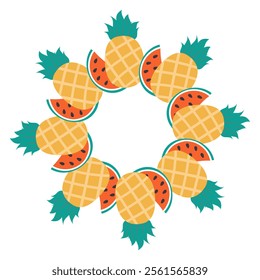 Pineapple and Watermelon slices Circle Frame border in trendy minimalist Summer Copy space Template