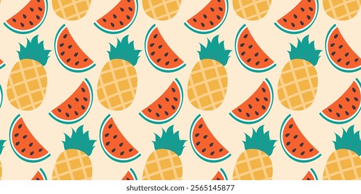 Pineapple and Watermelon slices Seamless pattern. Exotic healthy fruits summer background concept