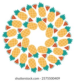 Pineapple and Watermelon slices with seed Circular frame border in Summer hues. Copy space Template