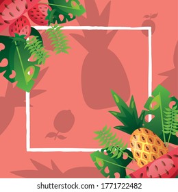 Pineapple watermelon strawberry and leaves with frame design, Summer vacation and tropical theme Vector illustration
