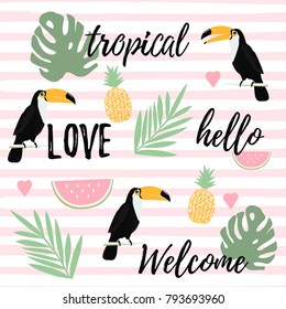 Pineapple, watermelon and toucan with stripes seamless pattern background. Tropical poster design. Summer and holidays background. Wallpaper, invitation card, textile print vector illustration design