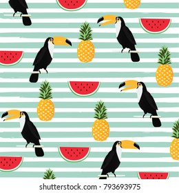 Pineapple, watermelon and toucan with stripes seamless pattern background. Tropical poster design. Summer and holidays background. Wallpaper, invitation card, textile print vector illustration design