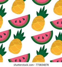 pineapple and watermelon tropical fruit seamless pattern