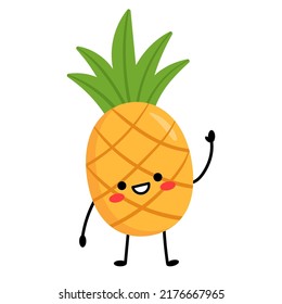 Pineapple waves his hand. Cartoon character pineapple with arms and legs, with different emotions. Vector illustration isolated on white background