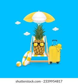 Pineapple wear sunglasses on deck chair yellow umbrella, rubber ring volleyball, luggage bag and hat placed on the side. For media tourism ad design. Holiday travel summer concept. 3D Vector.