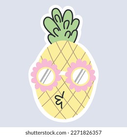 pineapple wearing flower shaped glasses in summer. stylish fruit sunglasses minimal concept, doodle style. vector art and illustration. 