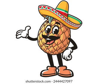 Pineapple wearing a sombrero cartoon mascot illustration character vector clip art hand drawn