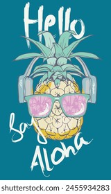 pineapple wearing spectacles funny illustration summer tropical t-shirt graphic print with slogan vector artwork