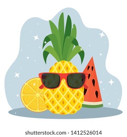 pineapple wearing sunglasses and watermelon with lemon fruits
