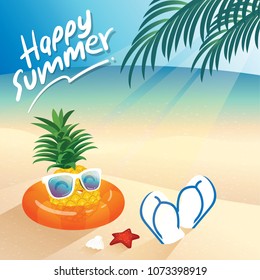 Pineapple wearing White sunglasses and flip flops , summer items on the beach