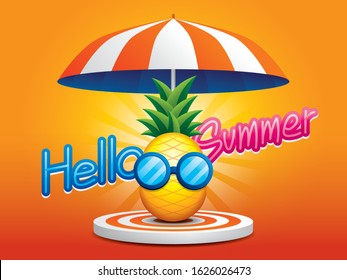 The pineapple wears sunglasses on a cylinder podium with beach umbrella. Summer illustration vector.