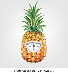 Pineapple with a weight scale. Diet concept. Vector.