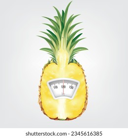 Pineapple with a weight scale. Diet concept. Vector.