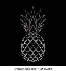 Pineapple white icon. Tropical fruit isolated on black background. Symbol of food, sweet, exotic and summer, vitamin, healthy. Nature logo. Flat concept. Design element Vector illustration