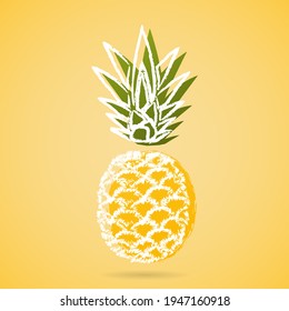 Pineapple with white outline gold surface. Yellow ripe fruit with fluffy scales and green bunch of vector leaves.