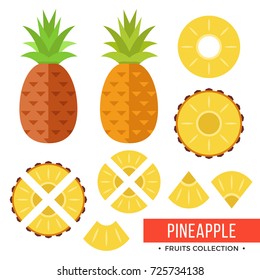 Piña. Piña entera, ananas y partes, hojas, rodajas, núcleo.Conjunto de frutas. Elementos gráficos de diseño plano. Ilustración de vectores aislada en fondo blanco