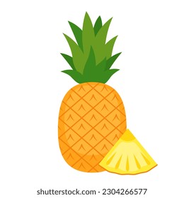 Pineapple whole fruit and slice isolated on white background. Summer tropical fruit flat icon. Organic food, healthy nutrition, vegetarian product. Vector illustration.