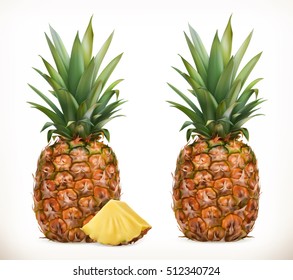 Pineapple. Whole and pieces. Sweet fruit. 3d vector icons set. Realistic illustration