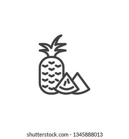 Pineapple whole and a slice line icon. linear style sign for mobile concept and web design. Sliced pineapple, fruit outline vector icon. Vitamin food symbol, logo illustration. Pixel perfect vector 