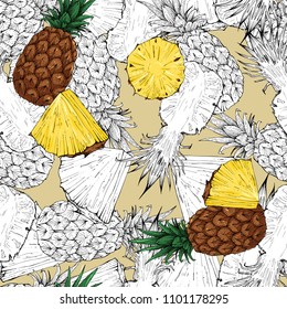 Pineapple whole and slices seamless pattern, vector