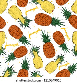 Pineapple whole and slices seamless pattern, vector
