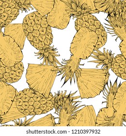 Pineapple whole and slices seamless pattern, vector