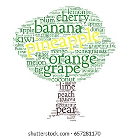 Pineapple. Word cloud in shape of tree, white background. Fruit.