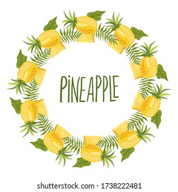 Pineapple wreath or border. Tropical summer fruit isolated on a white background. Citrus in hand drawn style. Scandinavian nordic design for fashion or interior or cover or textile or background. 