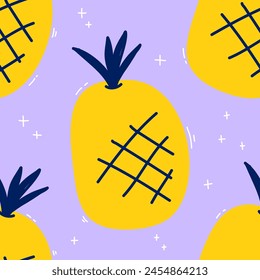 Pineapple Yellow Fresh Fruit in Purple Colorful Summer Background Wallpaper Seamless Pattern