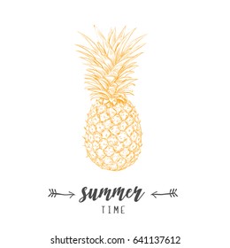 Pineapple yellow  sketch. Lettering summer card. hand drawing