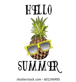 Pineapple with yellow sunglasses. Hello Summer. Vector illustration on white background