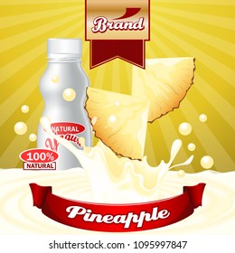 Pineapple yogurt ads. Splashing scene with package and fruits. Editable mockup.
