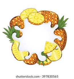 pineapple with yogurt splash isolated on white background. Composition vector pineapple for design packaging of pineapple yogurt. Close up pineapple yogurt splash with green leaves. Fruit milk splash