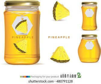 pineapple,Juice Or Jam Glass Yellow Orange Bottle Jar On White Background Isolated. Ready For Your Design. Product Packing. Vector illustration