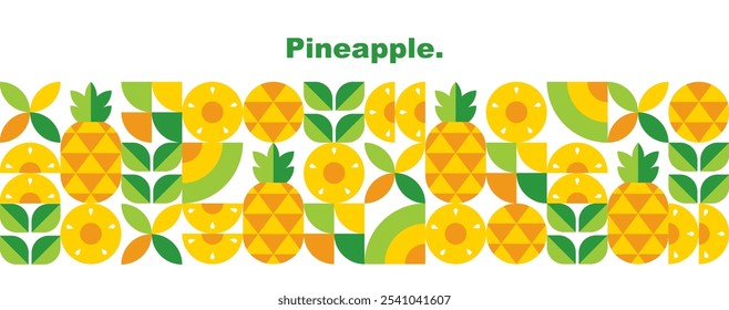 Pineapple.Leaves, fruits and slices.Abstract geometric design.Set of icons in simple flat style.Elements isolated on a white background.Seamless pattern and border.Organic food.Vector illustration.