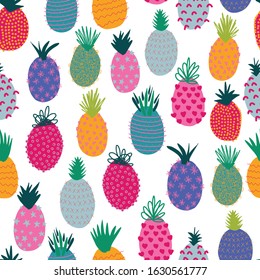 Pineapples abstract seamless vector summer pattern. Repeating colorful tropical background. Hand drawn exotic fruit isolated in cartoon doodle style. For fabric, summer decoration, packaging, kids