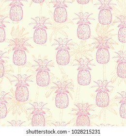 Pineapples background. seamless pattern with tropical fruit. Sketch illustration.